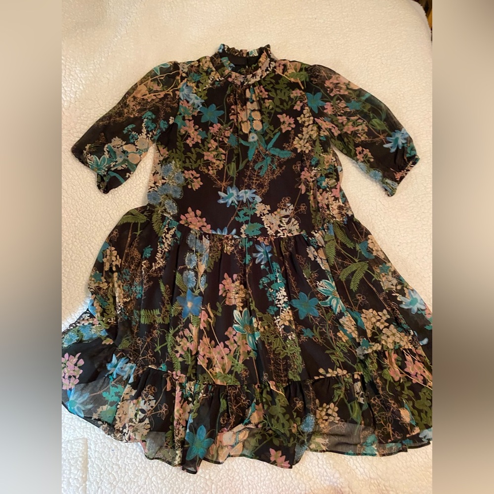 Julian Taylor Black Dress with Blue and Green Floral Design women’s size 6